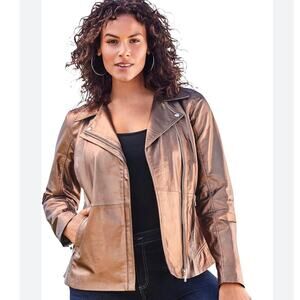Roaman's Genuine Leather Moto Jacket Coat Size 20W Metallic Bronze Women's Plus
